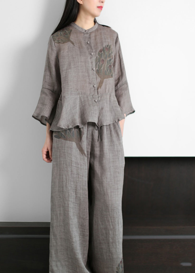 Grey Stand Collar Print Cotton Blend Tops and Wide Leg Pants Two Piece Outfit Flare Sleeve