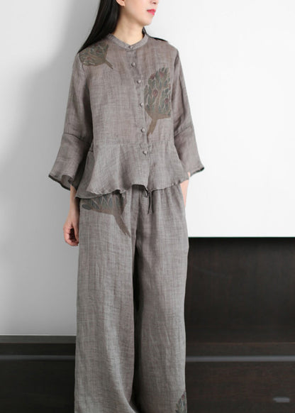 Grey Stand Collar Print Cotton Blend Tops and Wide Leg Pants Two Piece Outfit Flare Sleeve