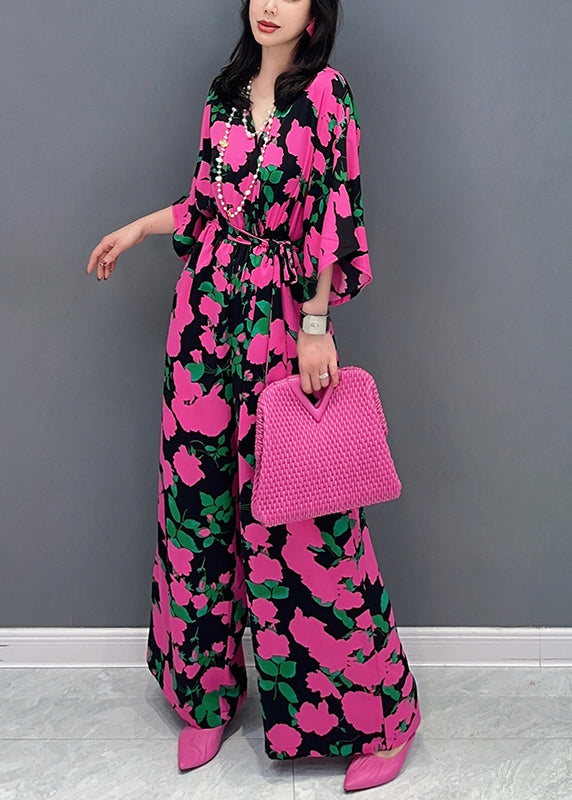 Rose V Neck Print Chiffon Overalls Jumpsuit Summer
