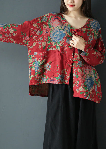 Red Asymmetrical Print Cotton Coats Spring