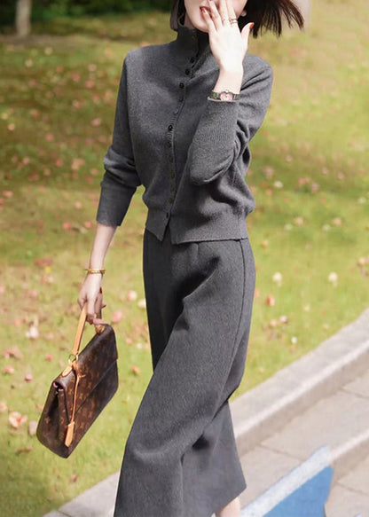 Dark Grey Stand Collar Cotton Knit Cardigans and Maxi Skirts Two Piece Set Winter