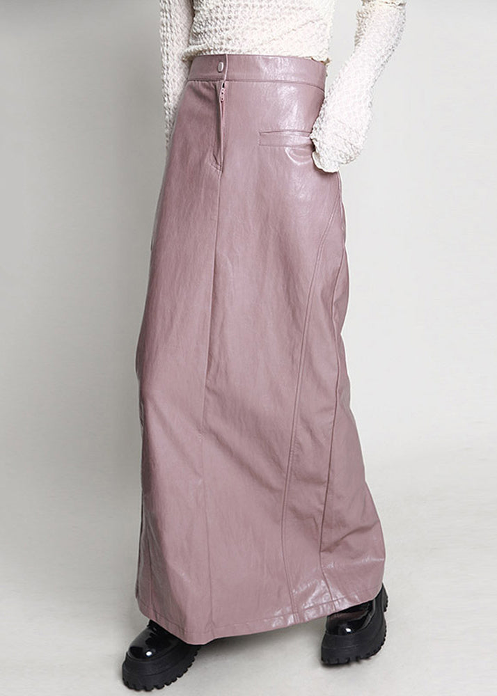Pink Side Open High Waist Faux Leather Skirt Spring