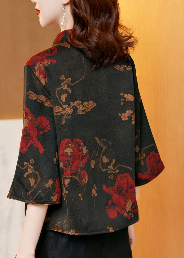 Fine Black Stand Collar Print Silk Two Piece Set Clothing Half Sleeve