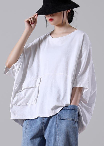 Diy White O-neck Pockets Cotton Top Summer