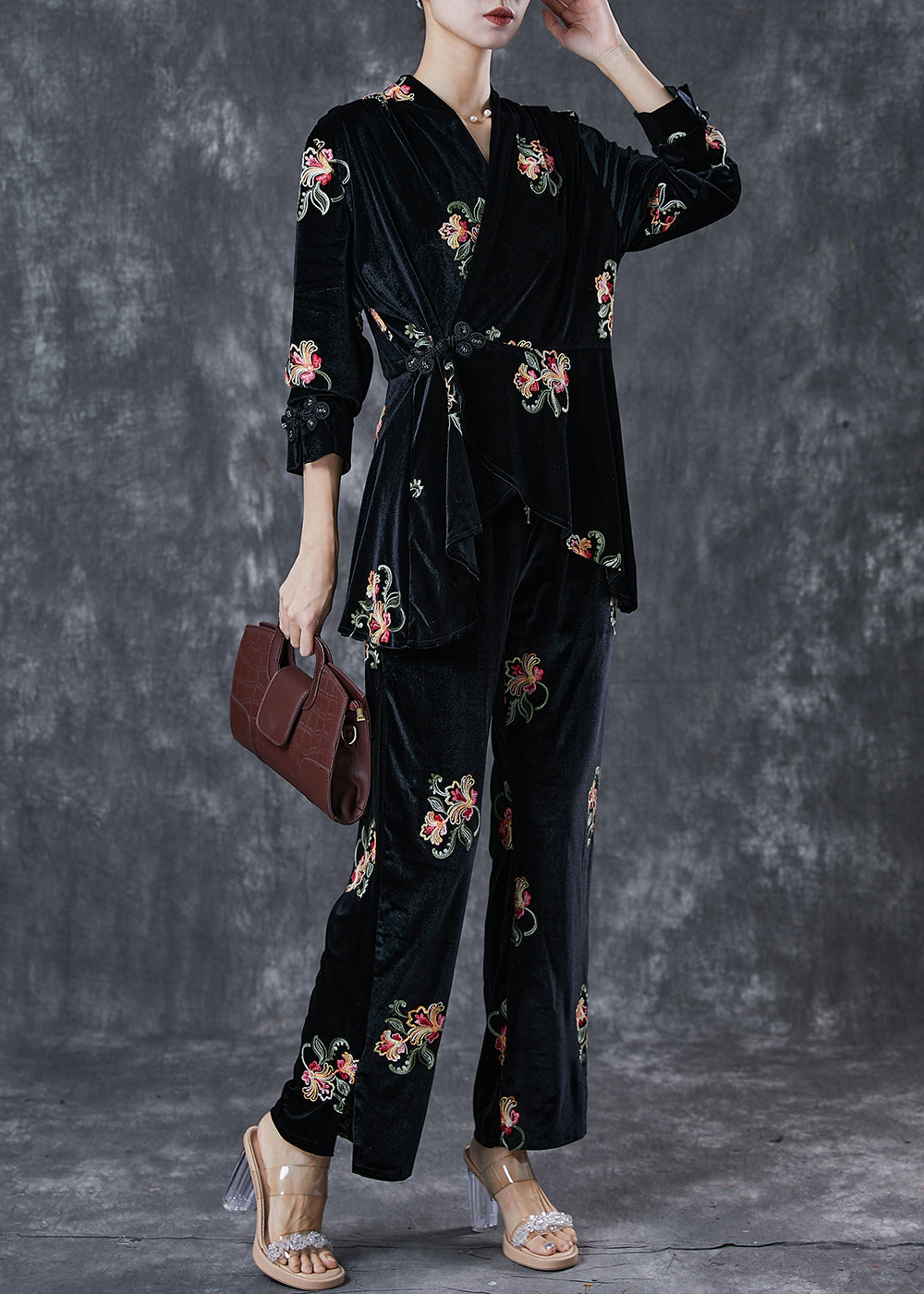 Black Embroideried Chinese Button Silk Velour 2 Piece Outfit Spring