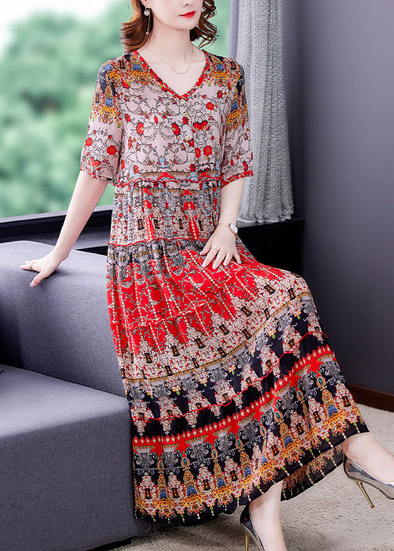Red V Neck Print Draping Chiffon Long Dresses Short Sleeve Summer