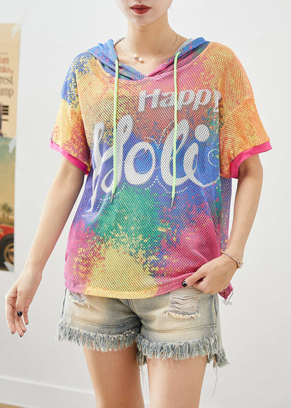 Diy Chromatic Hooded Tie Dye Tulle Loose Sweatshirts Top Summer