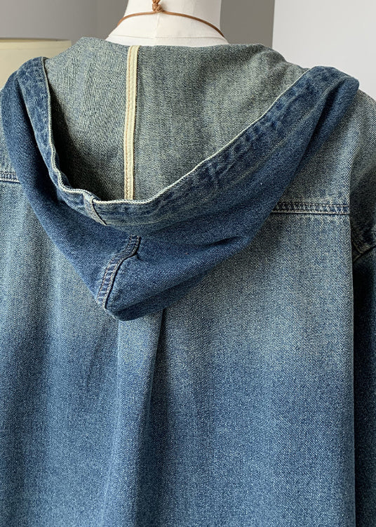 Blue Button Denim Hooded Coat Fall