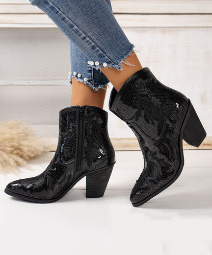 Black Embossed Sequins Cotton Fabric Chunky Ankle Boots