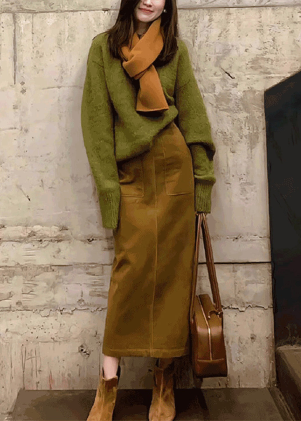 Original Green Cozy Knit Sweaters and Coffee Skirts Two Pieces Set Winter