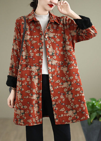 Orange Peter Pan Collar Print Warm Fleece Shirts Coat Spring