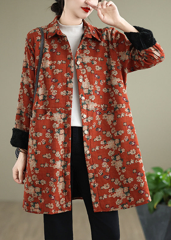 Orange Peter Pan Collar Print Warm Fleece Shirts Coat Spring