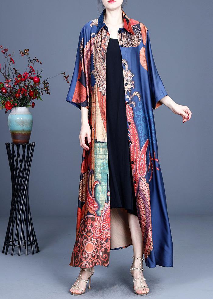 Blue Print Summer Silk Button Cardigan Long