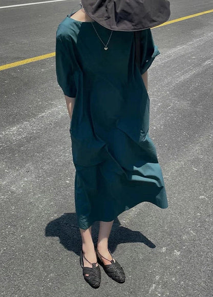 Blue O Neck High Waist Cotton Long Dress Half Sleeve