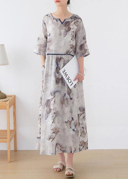 Natural White Print Cinched Summer Linen Dress