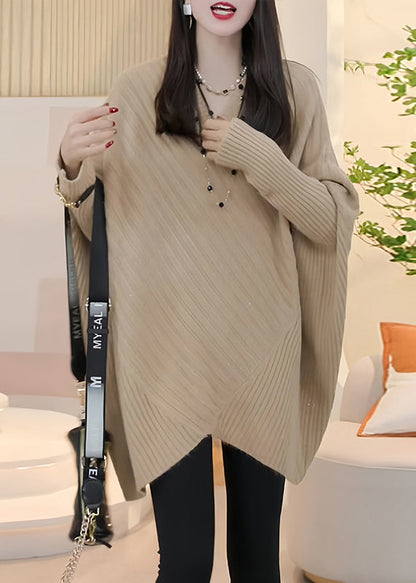 Loose Light Khaki V Neck Cozy Knit Sweater Batwing Sleeve Spring