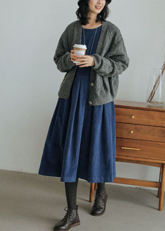 French Blue Corduroy Dress Pockets Button Patchwork Fall Dresses