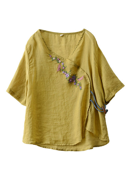 Unique Yellow V Neck Embroideried Linen T Shirt Half Sleeve