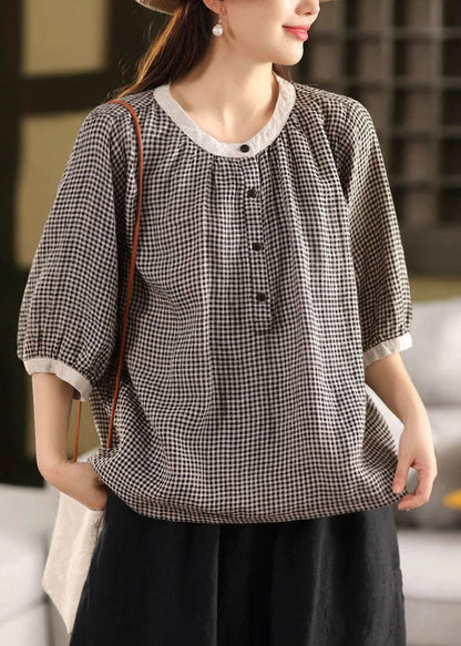 Brown Plaid Linen Top Oversized Half Sleeve Fall