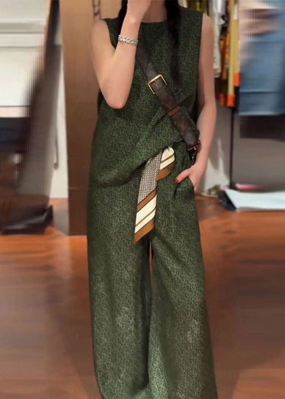 Green O-neck Satin Vest and Wide Leg Pants Two Pieces Set Summer
