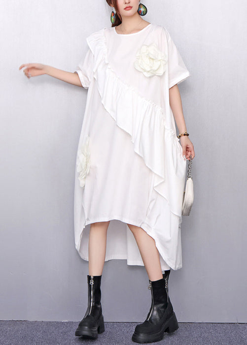 Summer White Asymmetrical Ruffle Dress 3d Accents