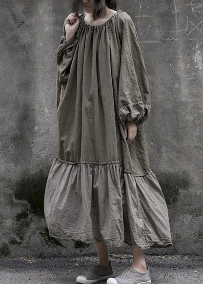 Grey Lace Up Wrinkled Patchwork Cotton Long Dresses Spring