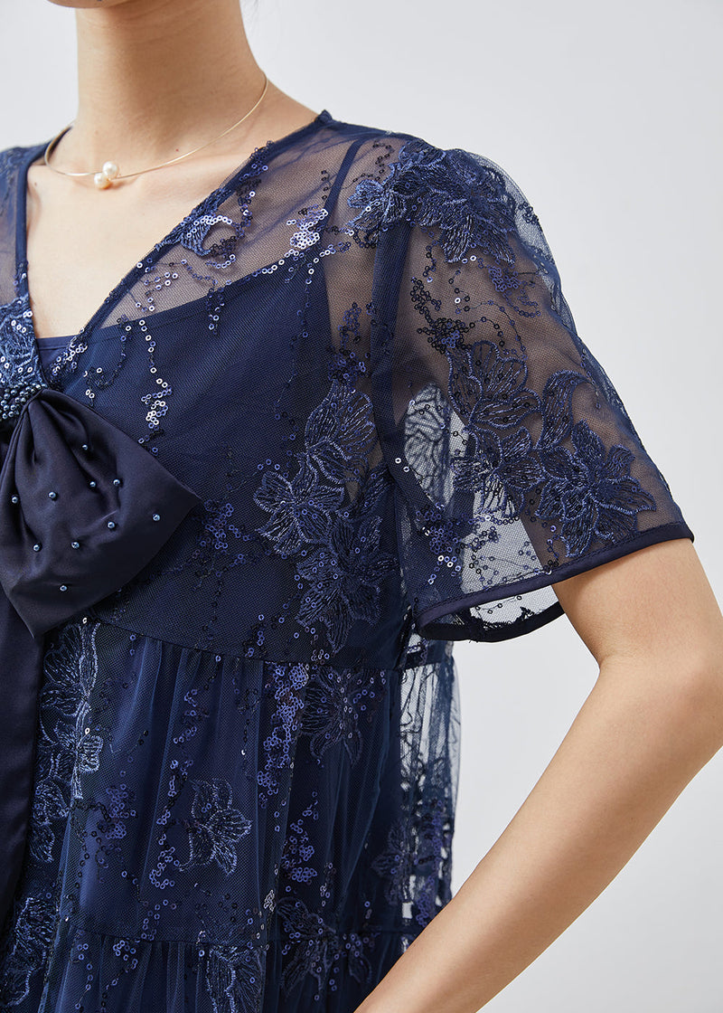 Diy Navy Sequins Embroidered Tulle Bow Dresses Summer