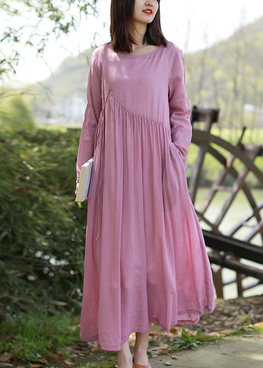 Brief Pink O-neck Tie Waist Wrinkled Linen Dresses Long Sleeve