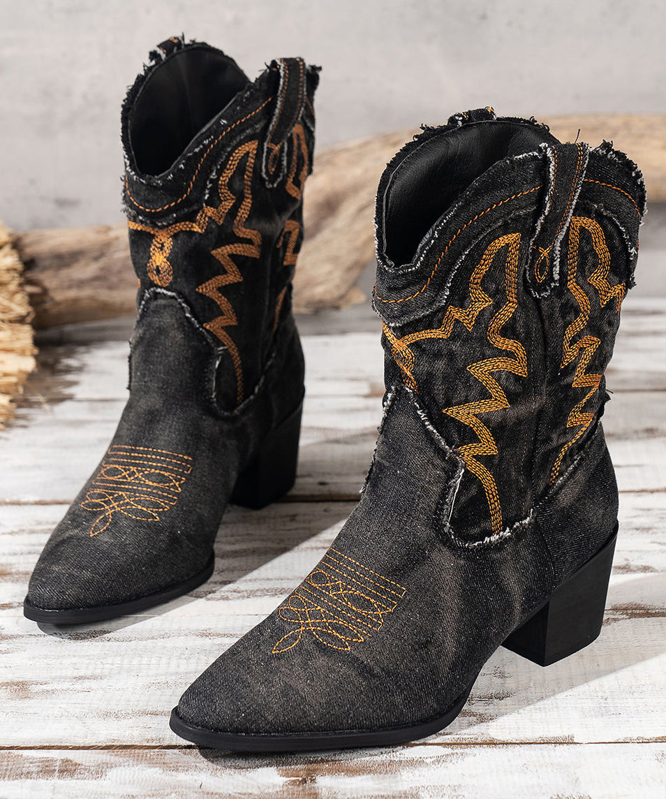 Black Embossed Boots Splicing Cowboy Chunky Boots