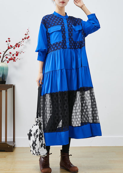 Blue Stand Collar Patchwork Lace Cotton Dress Fall