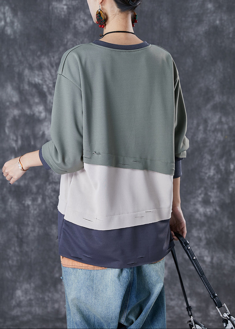 French Green Oversized Patchwork Warm Fleece Pullover Tops Winter