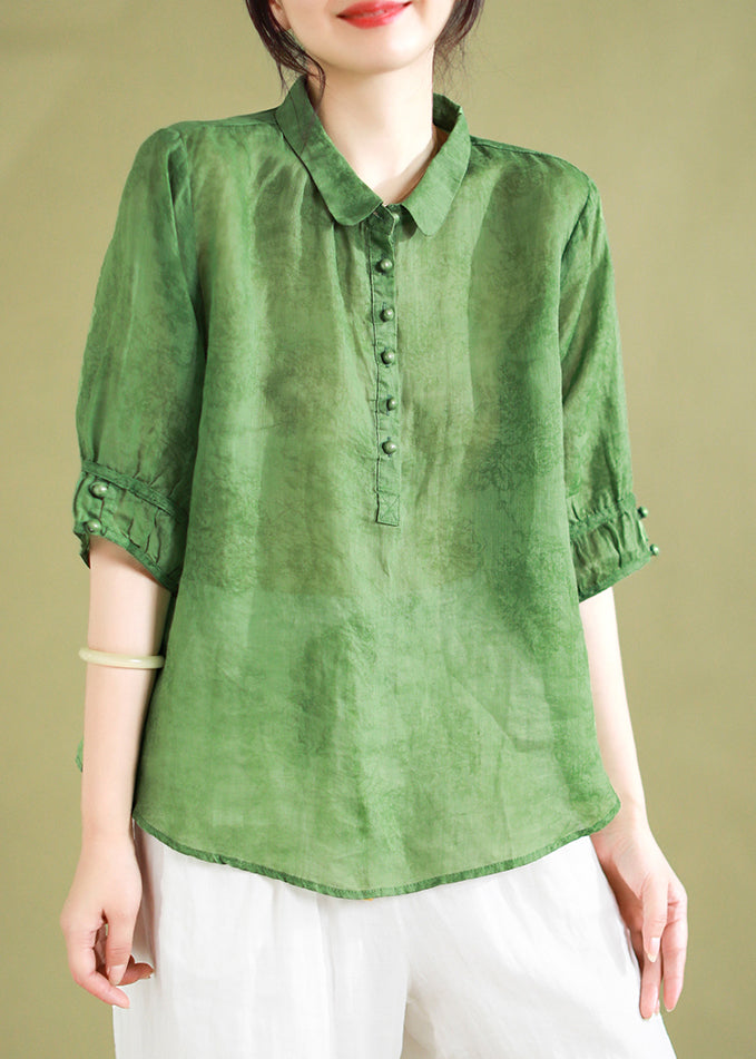 Red Peter Pan Collar Patchwork Button Linen Shirts Half Sleeve