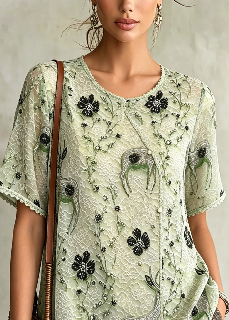 Boutique Green O-neck Patchwork Chiffon T Shirts Summer