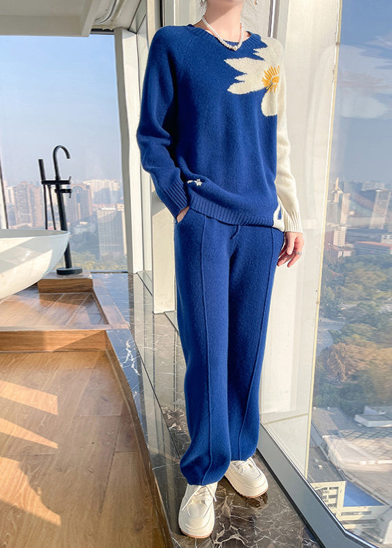 Blue O Neck Tops and Pants Cashmere Two Pieces Set Spring