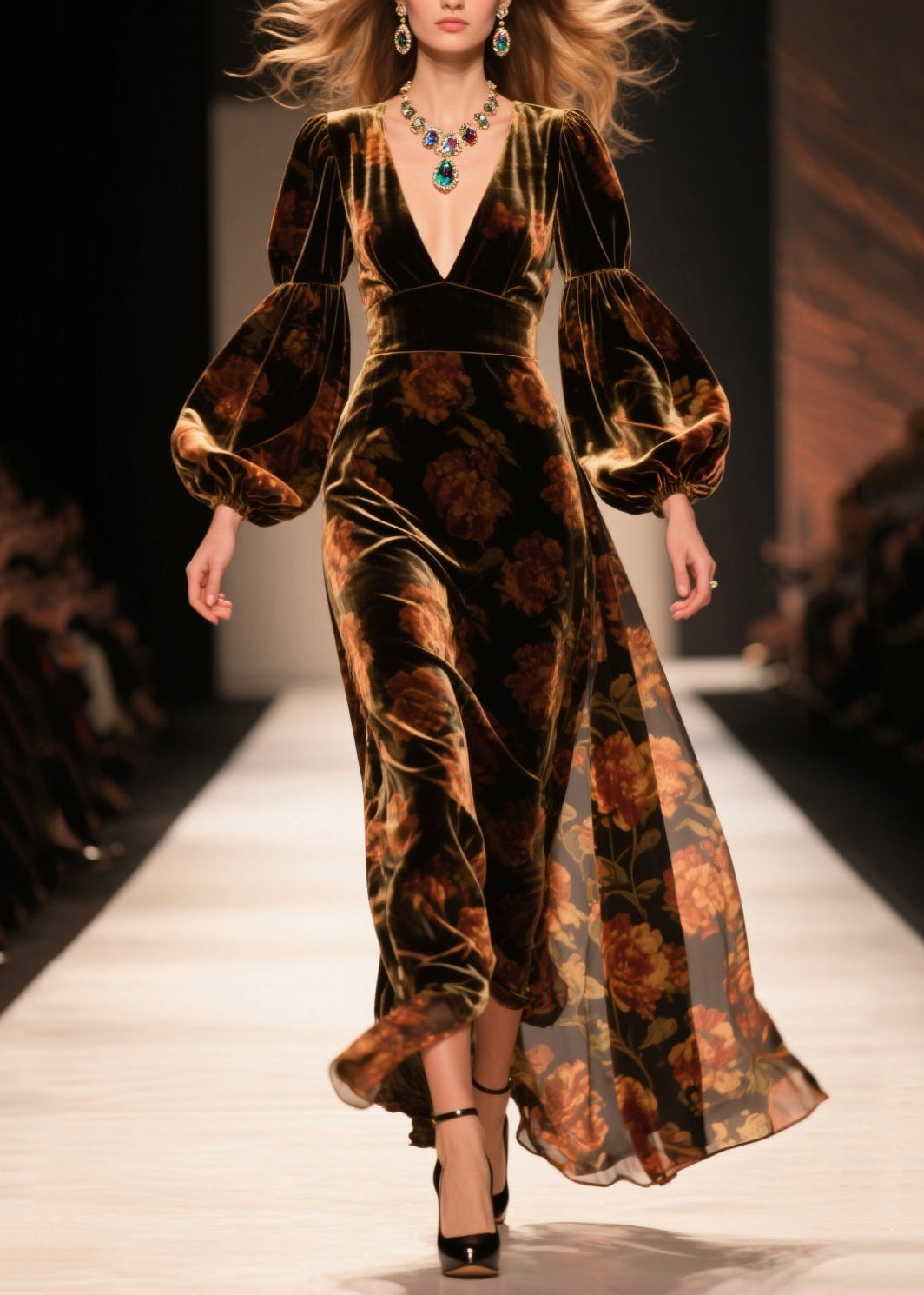 V Neck Print Velvet Ankle Dress Lantern Sleeve