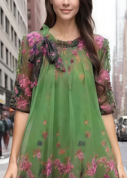 Green Print Chiffon Vacation Dress Half Sleeve