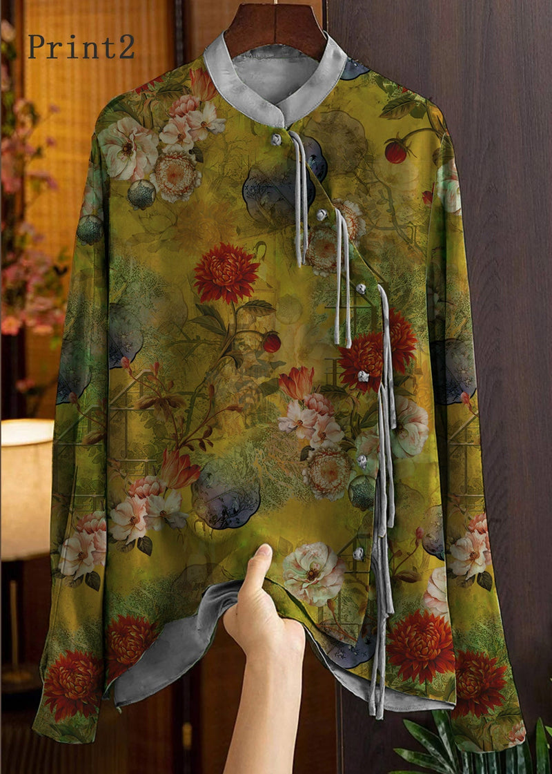 Yellow Text Mandarin Collar Button Print Silk Shirt Top Spring
