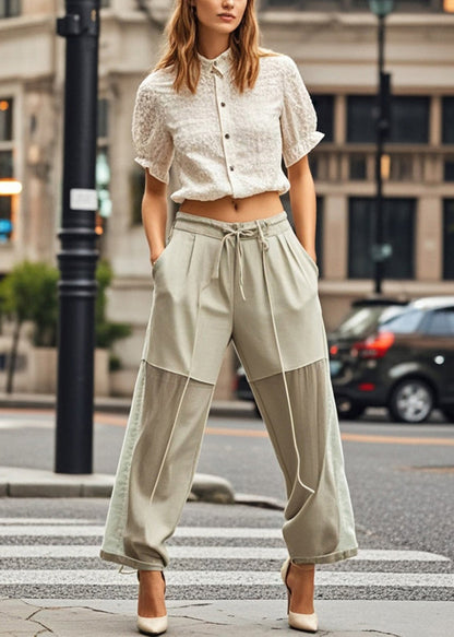 Beige Tie Waist Patchwork Chiffon Pants Fall