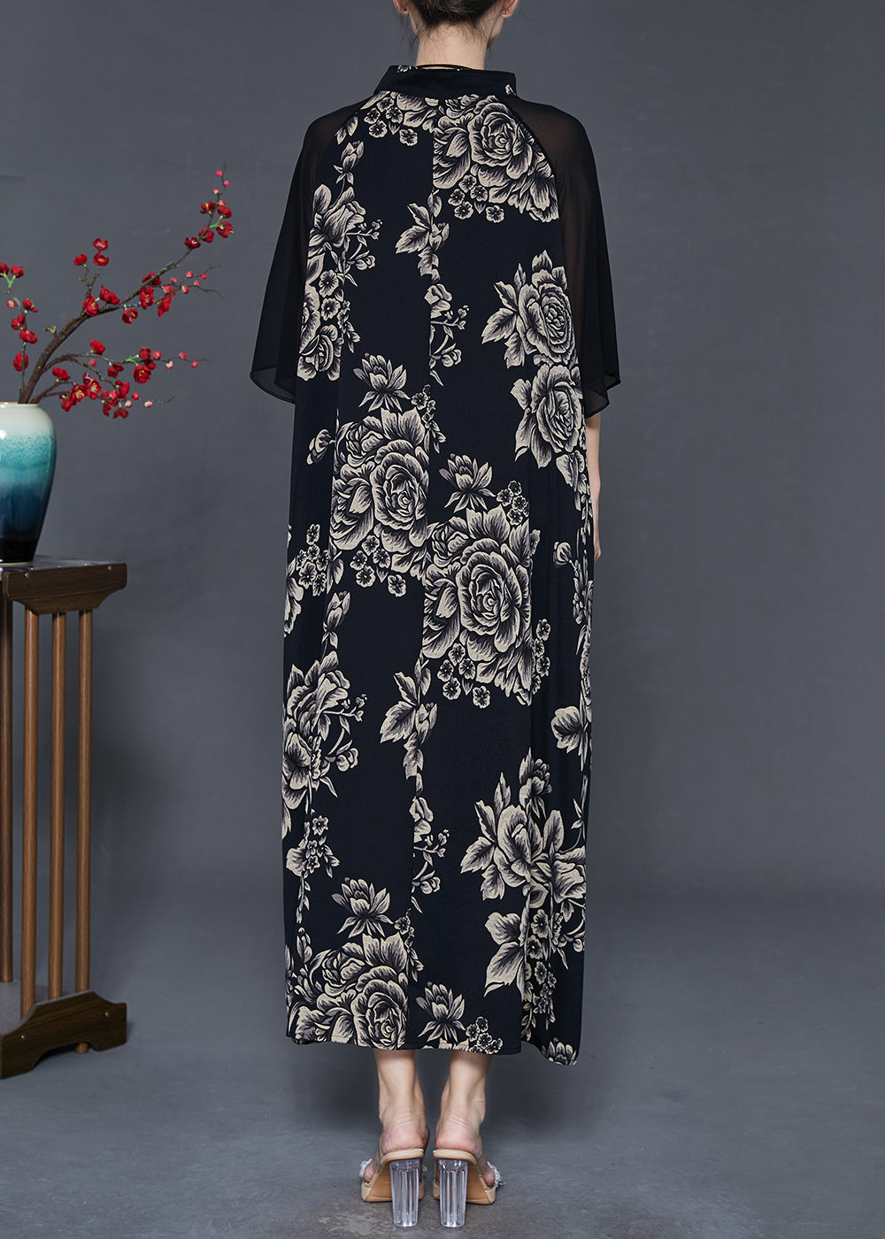 Black Mandarin Collar Patchwork Print Chiffon Long Dresses Summer