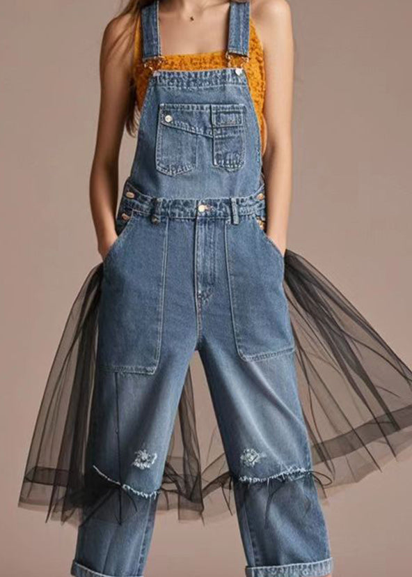 Blue Oversized Patchwork Tulle Denim Jumpsuit Summer