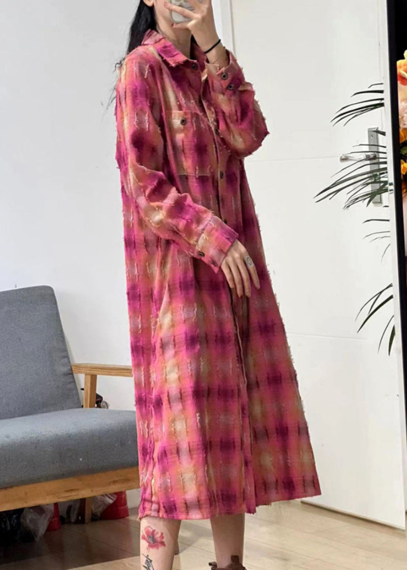 Pink Plaid Peter Pan Collar Button Cotton Long Blouse Spring
