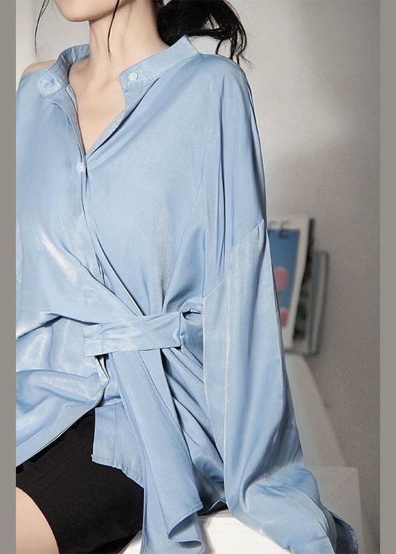 Art Blue Asymmetrical Design Backless Long Sleeve Summer Shirt