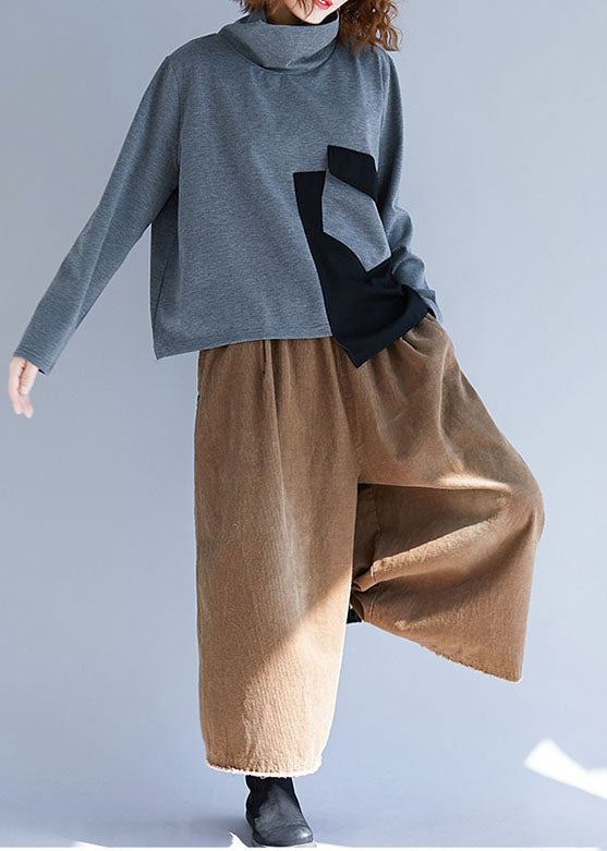 Grey Patchwork Cotton Loose Pullover Turtle Neck Spring