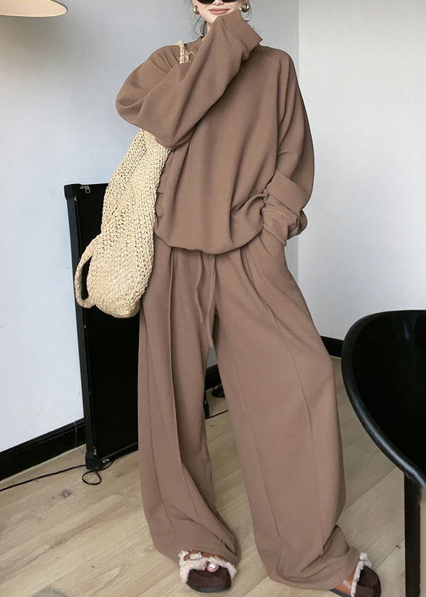 Loose Brown Top and Wide Leg Pants Two Piece Set Spring