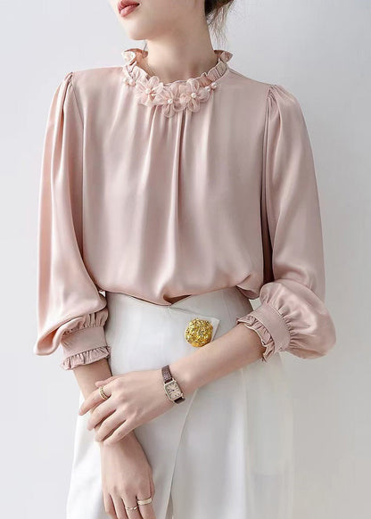 Pink Ruffled Chiffon Tops Spring
