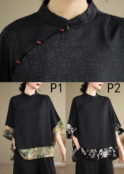 Black Mandarin Collar Patchwork Silk Shirt Summer