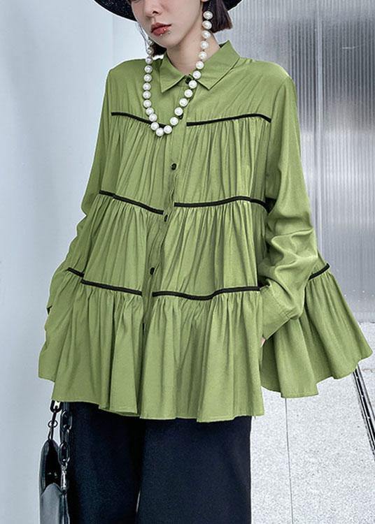 Organic Green Peterpan Collar Button Wrinkled Fall Blouses Long Sleeve