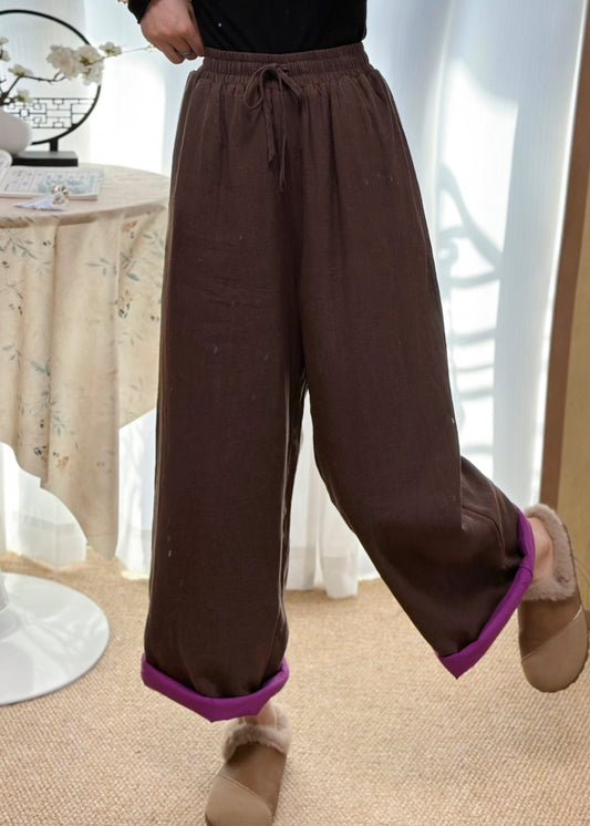 Coffee Pockets Elastic Waist Fine Cotton Filled Pants Winter