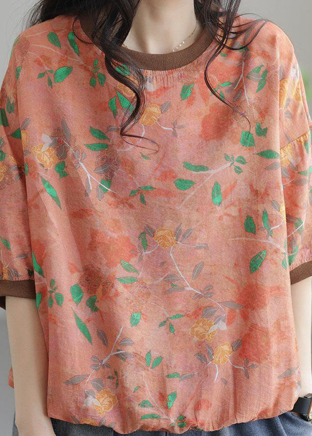 Orange O Neck Patchwork Cotton T Shirt Top Summer