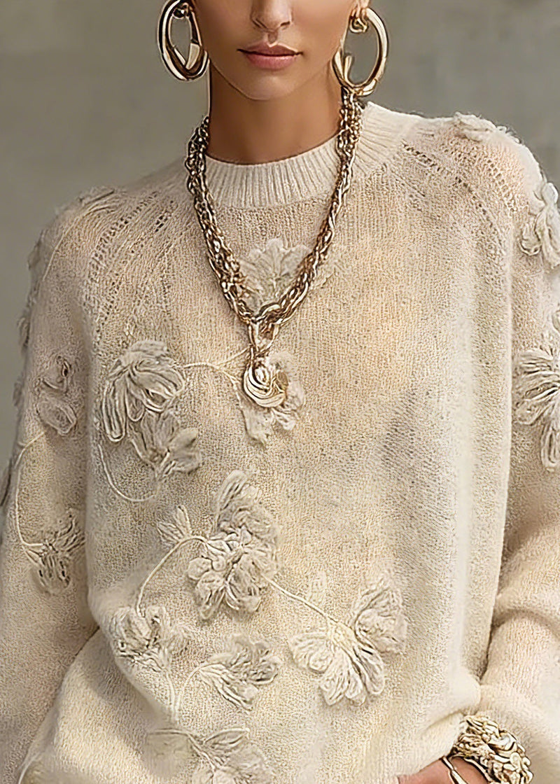 Beige O-neck Embroidered Cotton Knit Sweaters Spring